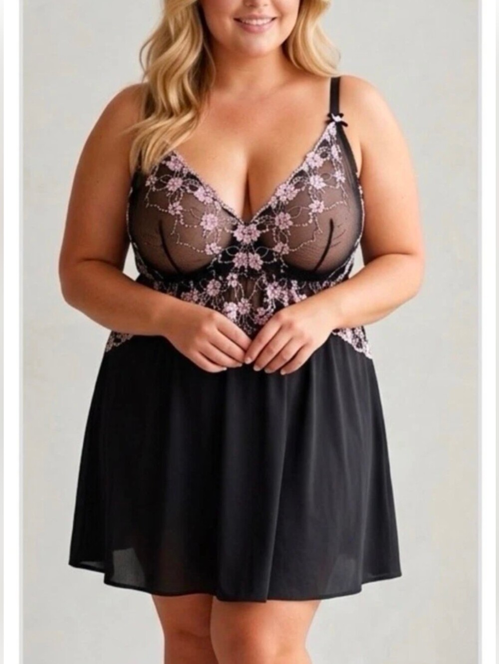 Plus Size Black Babydoll Chemise with Pink Lace Embroidery